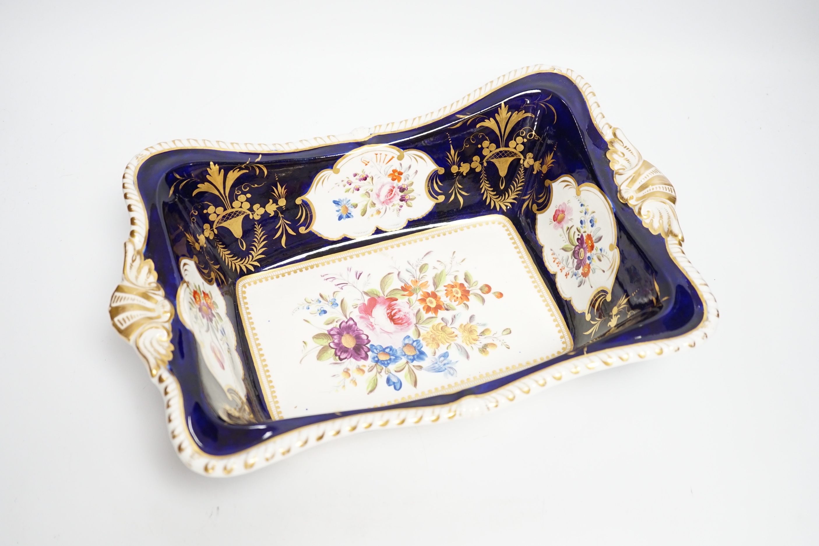 A Derby flower painted bread dish c.1810, 33cm wide